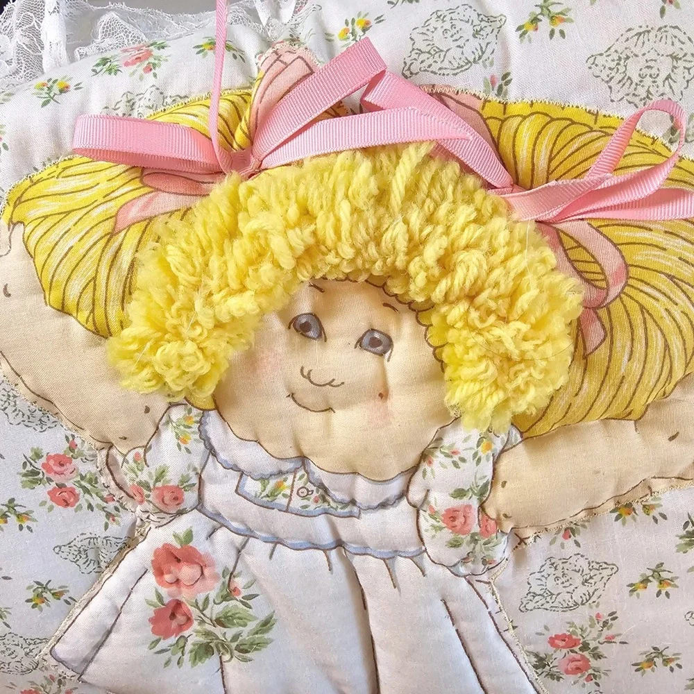 1980s Cabbage Patch Kids Lace Trim Floral Mushroom Pillow Yarn Hair 1980s 20in